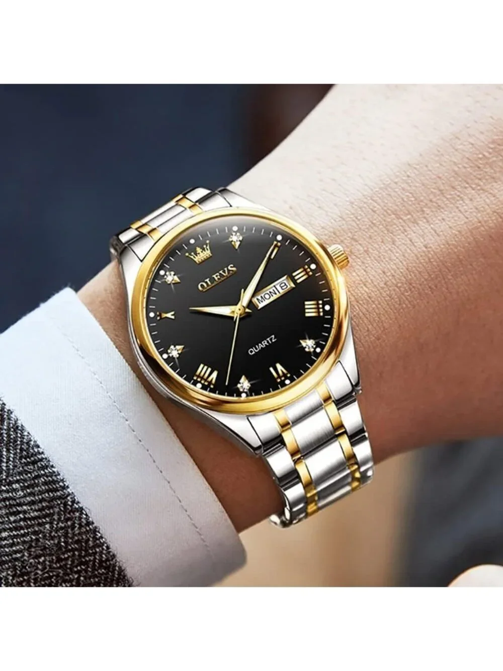 Olevs Men's Silver Black Luxury Stainless Steel Big Analog Quartz Luminous Watch